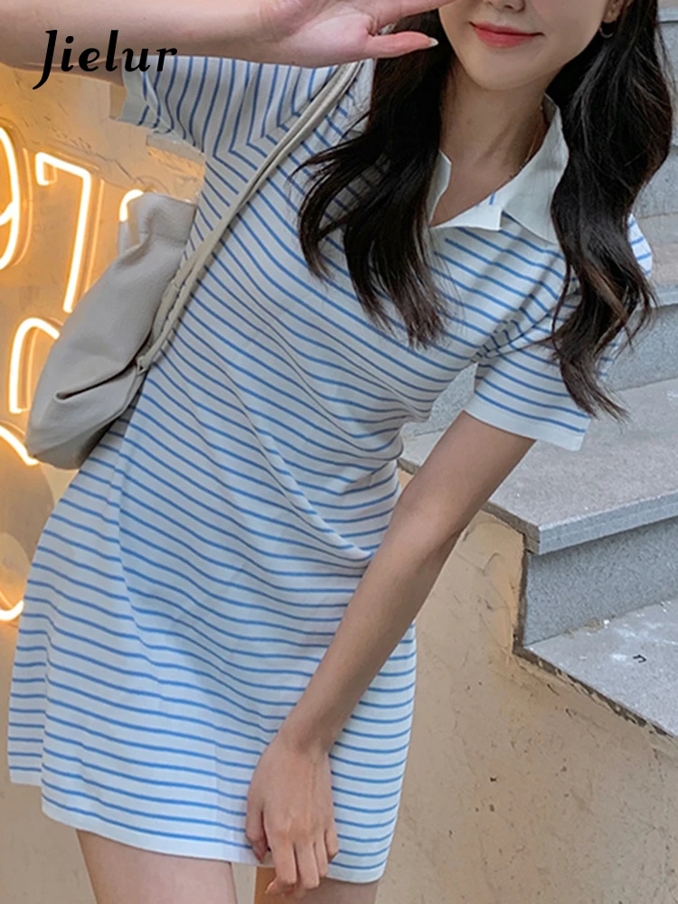 

Jielur Turn Down Collar Summer Dresses for Women Short Sleeve Blue Black Striped Dress Female Korean Slim Casual Mini Vestidos