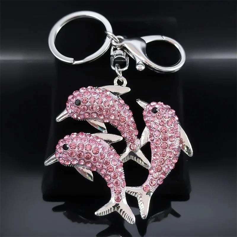 

Love Family Dolphin Animal Keychain Female Pink Crystal Metal Purse Bag Buckle Key Rings Souvenir Gift Jewelry llaveros K5240S01