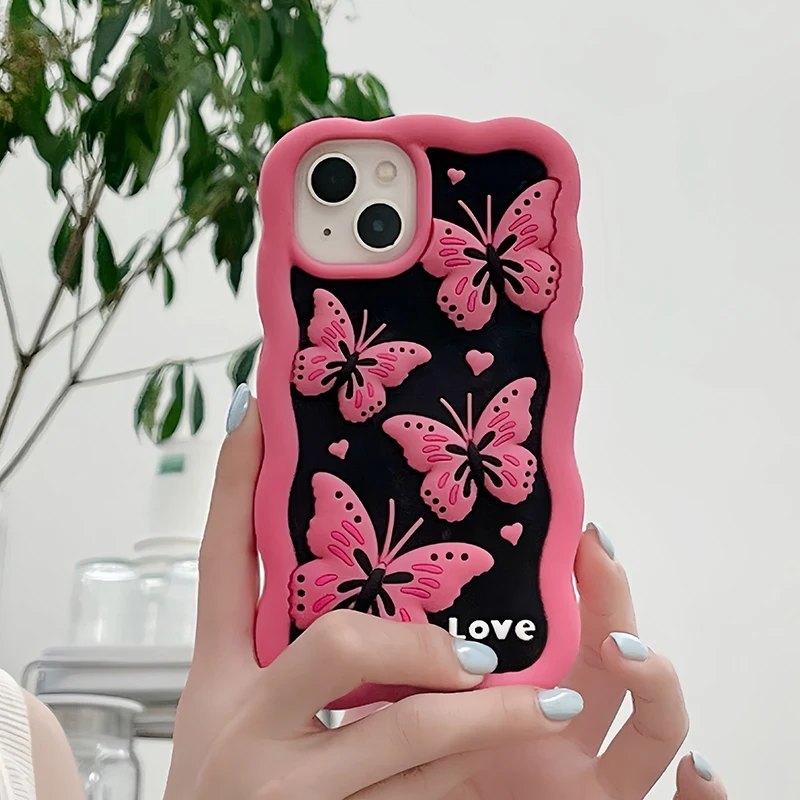 

Cute Butterfly 3D Phone Case For iphone 13 12 i11 14 Pro Max 13Pro 14pro 12pro luxury Pink Soft Silicone Protection Back Cover