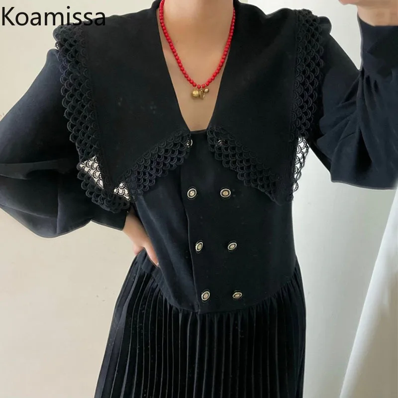 Koamissa Solid Woman Pleated Chiffon Dress Long Sleeves Fashion Officel Ady Double Breasted Korean Dresses 2022 Spring Vestidos