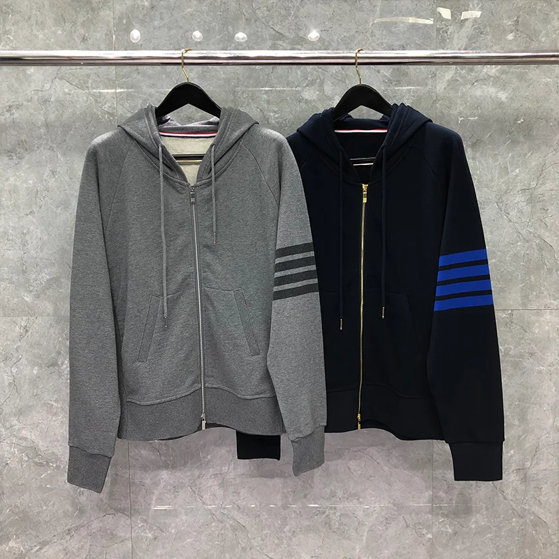 

TB THOM Sweatshirt Spring Autunm Hoodies Fashion Brand Men's Clothing Cotton Loopback Jersey Tonal 4-Bar Print Zip-up Coats