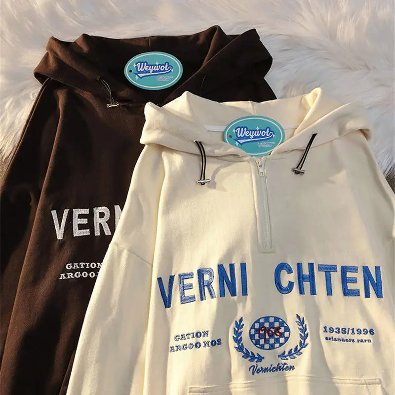 

American Retro Letter Embroidery Zipper Pullover Hoodies Women Long Sleeve 2022 Spring New Korean Loose Casual Jacket Ins Trend