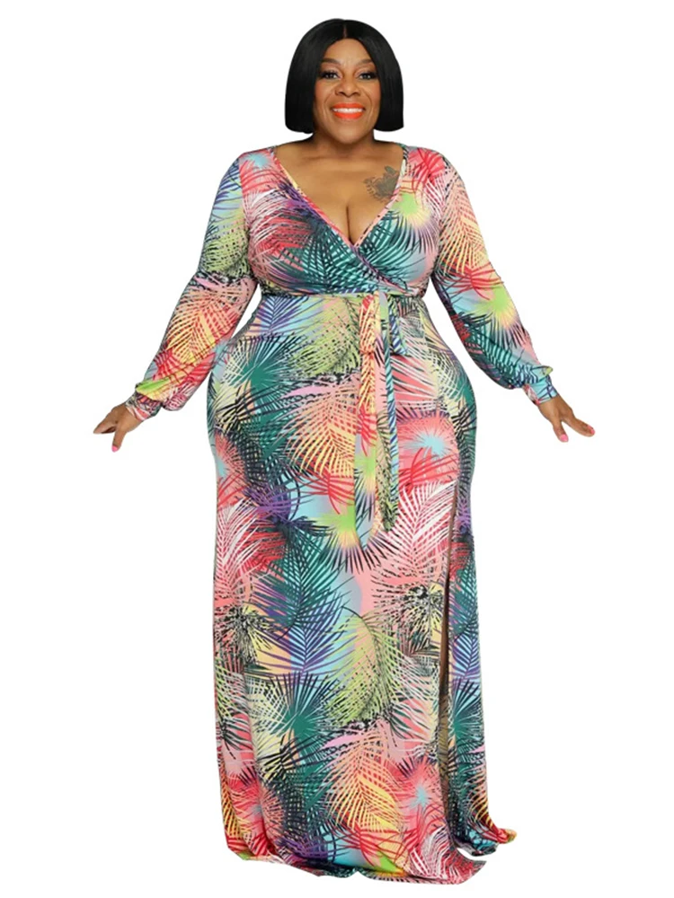 

5XL Plus Size Dresses For Women V Neck High Waist Robes With Sashes Spring Autumn New Fashion Print Streetwear Maxi Long Dress