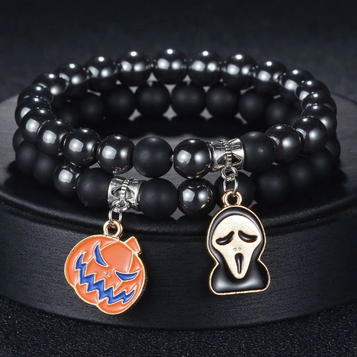 

2 pcs Black Stone Bracelets Set Bangles Classic Pumpkin Ghost Beaded Natural Charm Bracelet for Women and Men Yoga Jewelry