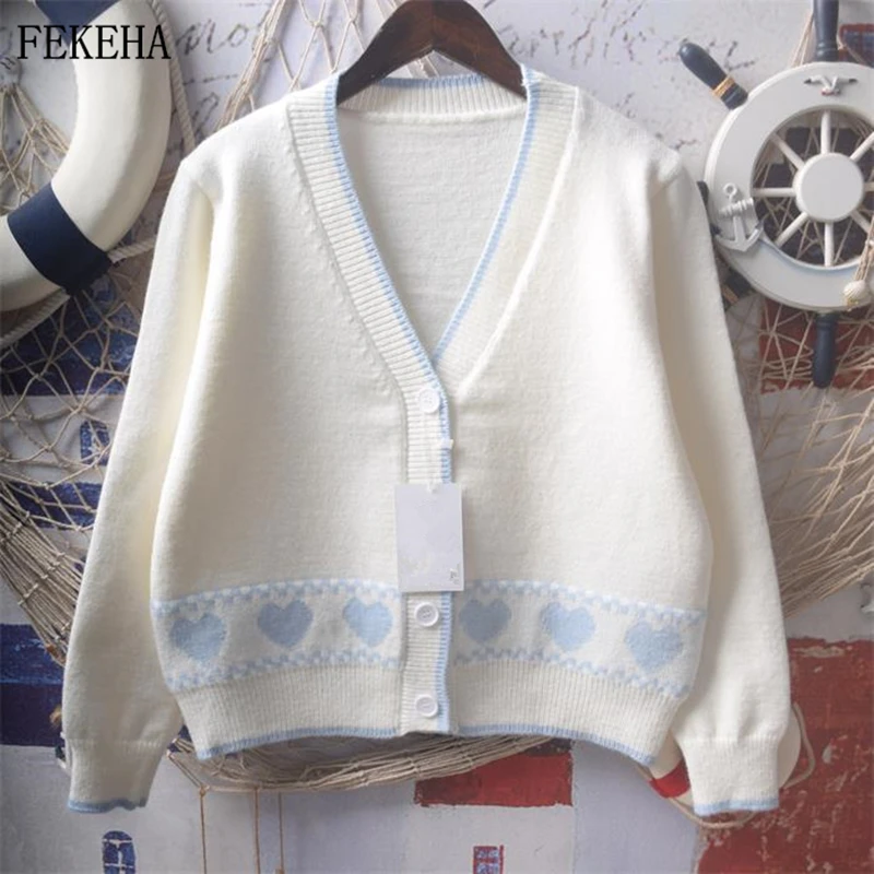 

Женский осенне-зимний Кардиган, Свитер, свободные вязаные топы с принтом сердечек, трикотажная одежда с V-образным вырезом, милый студенческ...