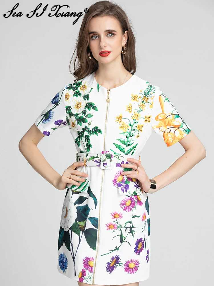 

Seasixiang Fashion Designer Summer Dress Women O-Neck Short Sleeve Sashes Beading Flowers Print Office Lady Dresses