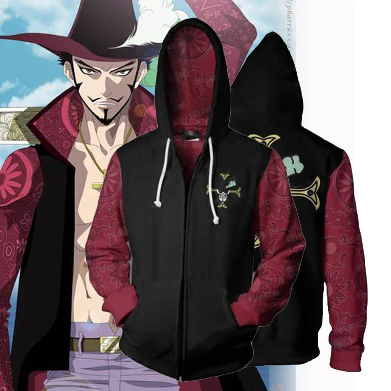 

Anime One Piece Dracule Mihawk Cosplay Costume Men 3D zipper Hoodie Casual Hoodies Fashion Sweatshirts Coat Halloween Costume