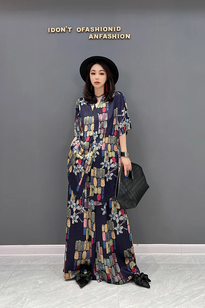 

SuperAen 2022 Summer New Fashion V-neck Shirt Wide Leg Pants Two-piece Women Patchwork Printing Women Two Pieces Sets