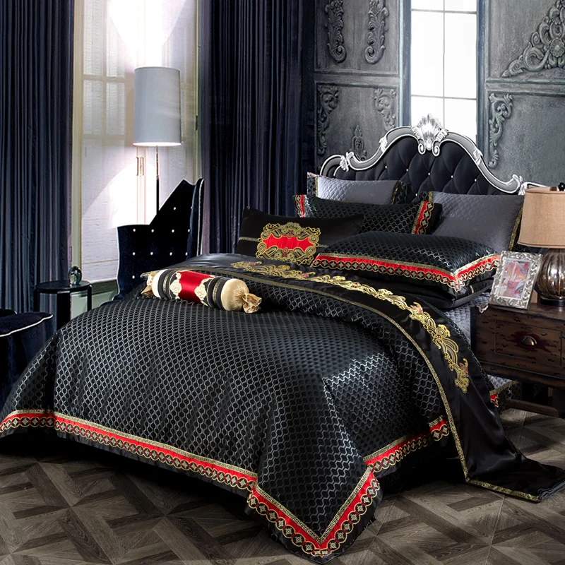 New Black Silk Satin Luxury Home Royal Bedding set Queen King size Bed Bed/Flat sheet spread Pillowcase Duvet cover | Дом и сад