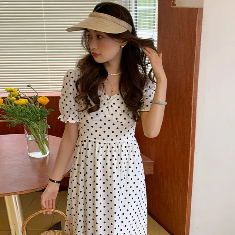 

2022 Fashion New Short Sleeve V Neck Retro Polka Dot Women Bow Dress Women Long Dress Women Summer Cheap