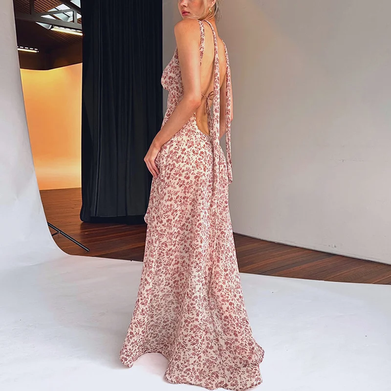 

Floral Print Sexy Backless Slit Maxi Dress Outfits Women Elegant Birthday Vestido Irregular Sheer 2023 Summer Sundress