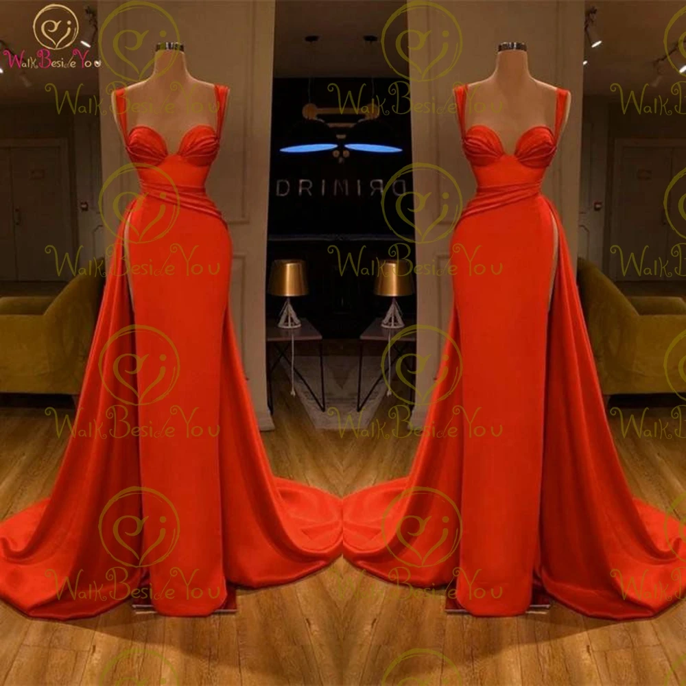 

Женское атласное вечернее платье, красное платье с длинным шлейфом и разрезом спереди, плиссированное платье на бретелях-спагетти для выпускного вечера, 2022