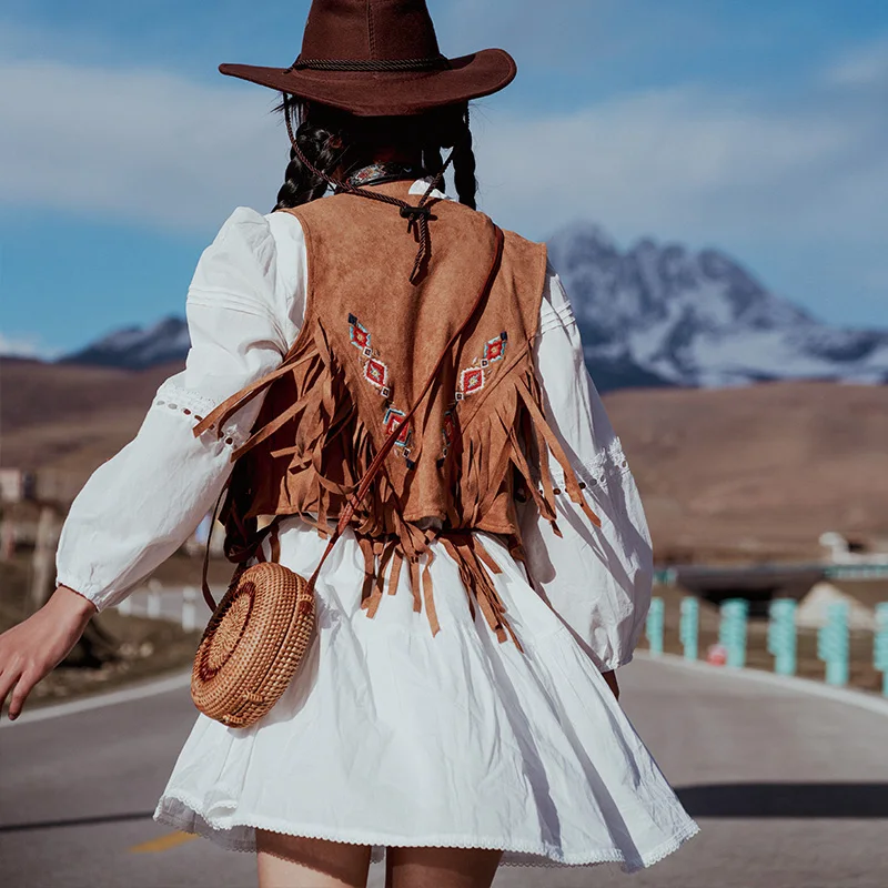 Женский замшевый жилет в стиле бохо, зимний жилет без рукавов, кардиган ...