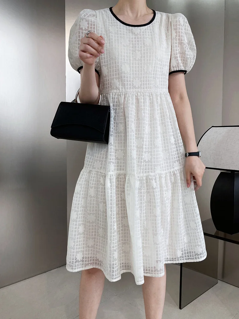 

Lace Jacquard Bubble Sleeve Dress White Summer a Line Long Women Doll Dress