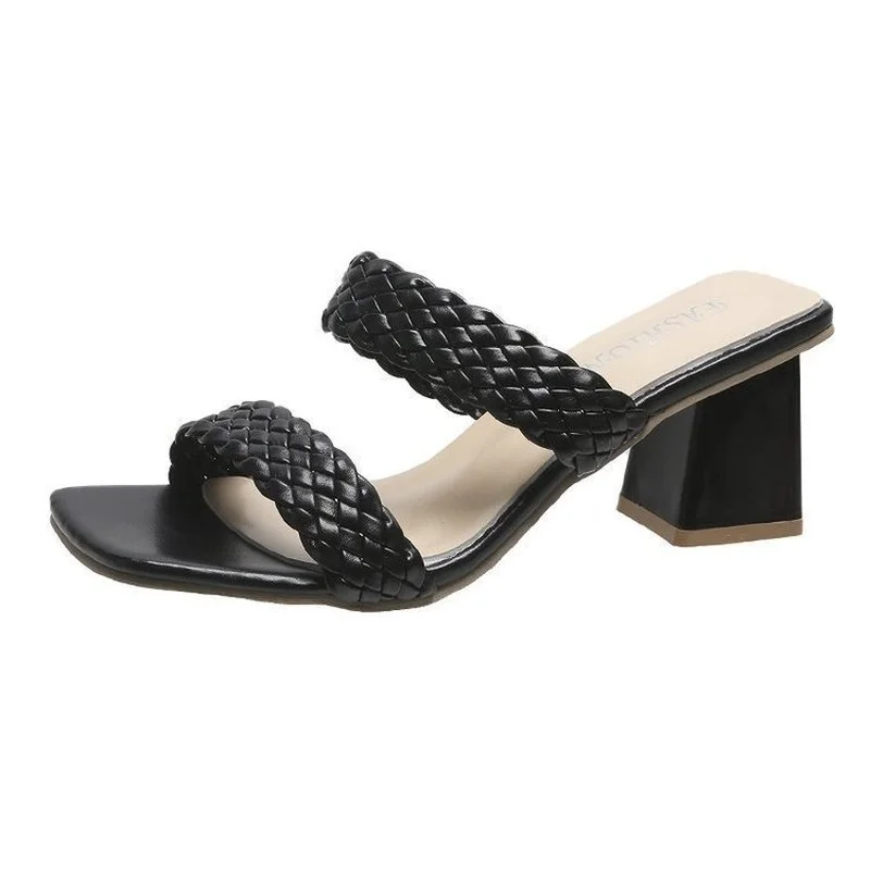 TSTCTB Summer New Slippers Women Sandals Square Heels One-word Woven Belt Women Mules Design Slippers Slides Shoes Female