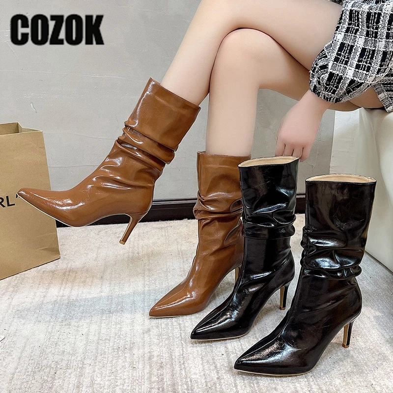 

Winter Pleated Mid-calf Boots Women Pointed Toe Fashion Thin High Heels Ladies Pu Leather Cowboy Boots Slip on Shoes Plus Size