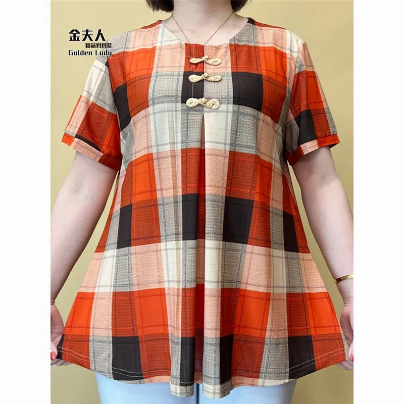 

Women Clothing Loose Oversized Short Sleeve Tunics Summer Casual Plaid Printed Patchwork Blouse Vintage Fashion Pullovers