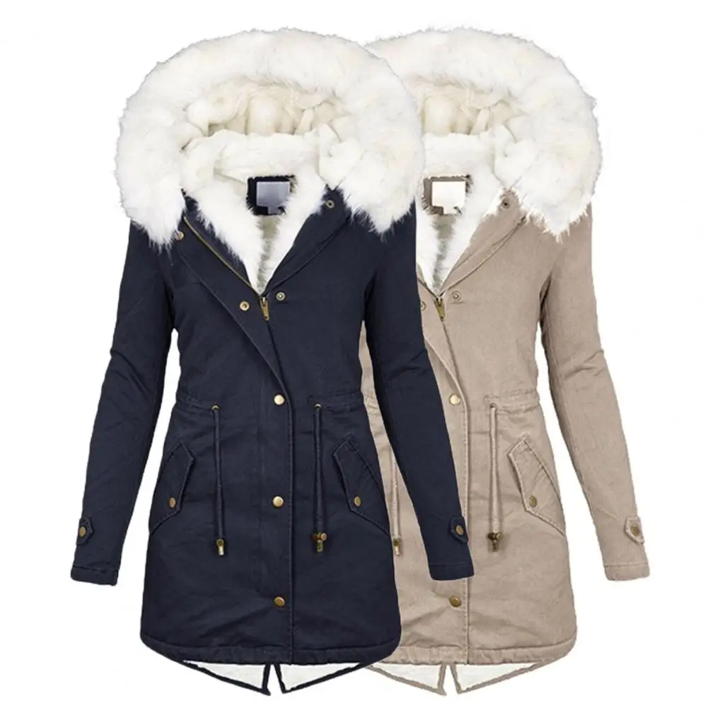 

Stylish Casual Coat Mid-Length Cold Resistant Slim Fit Plush Hooded Multi Pockets Casual Coat