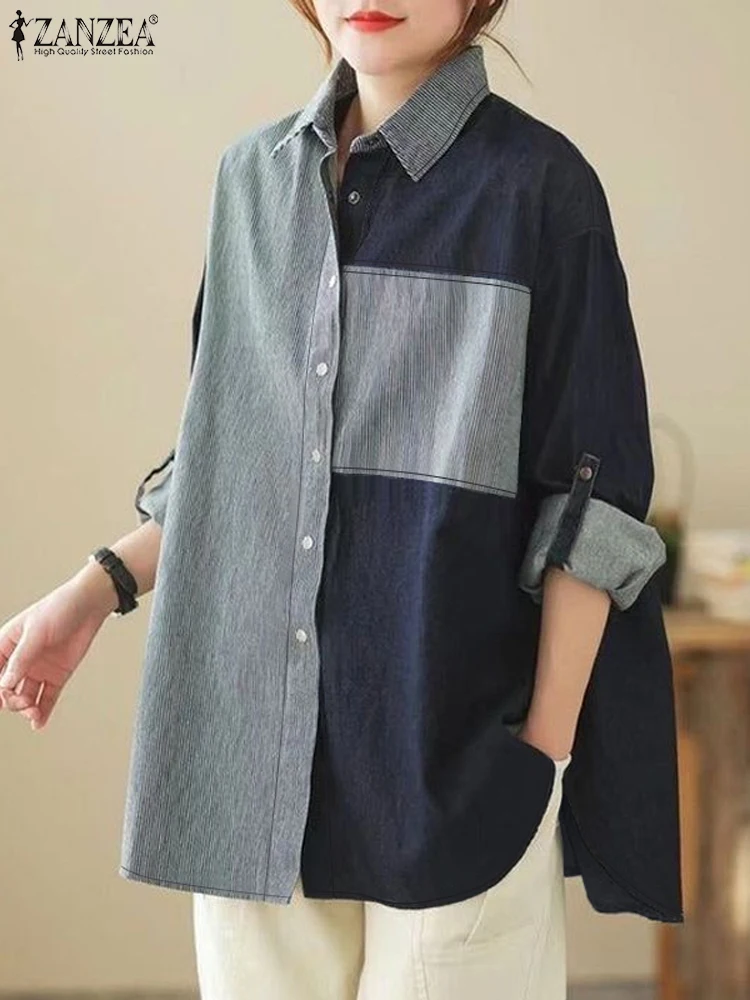 ZANZEA 2024 топы с цветными блоками осенние женские рубашки повседневная свободная