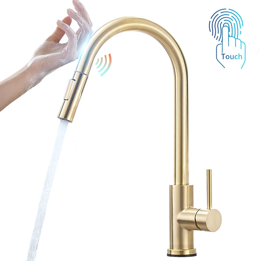 

Sensor Kitchen Faucets Brushed Gold Smart Touch Inductive Sensitive Faucet Mixer Tap Single Handle Dual Outlet Water Modes