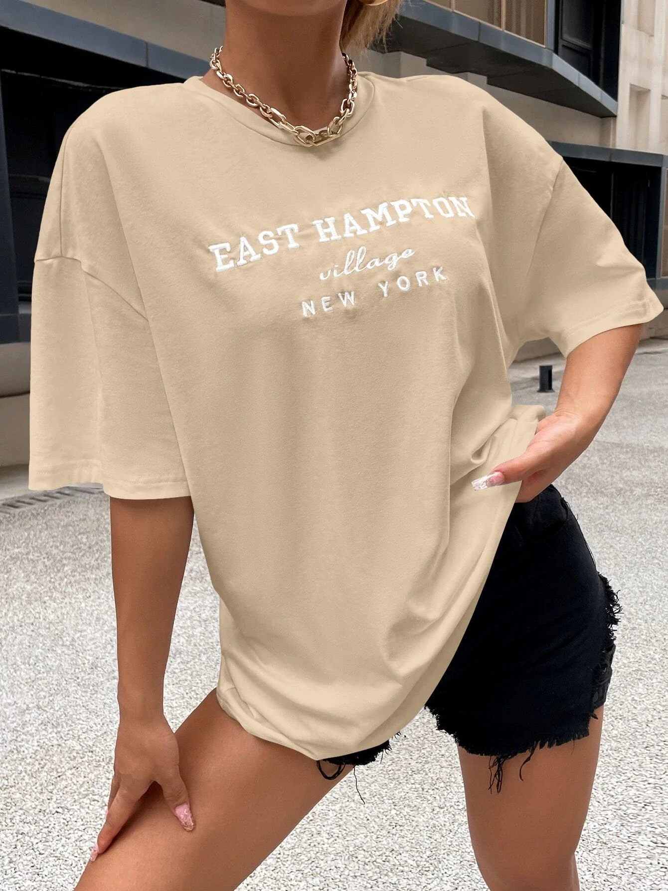 

tops Drop Shoulder Letter Embroidery Top