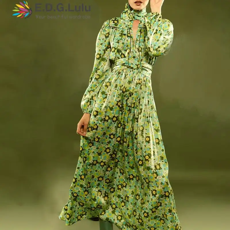 

EDGLuLu Luxury Green Flower Print Chiffon Maxi Party Long Dresses High Waist Lace-up Bow Lady Casual Elegant Dress Vestiti 0216