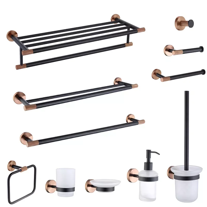 

NEW2023 Rose Gold Black Bathroom Accessories Hardware Set Towel Bar Rail Rack Toilet Paper Holder Towel Robe Hook Soap Dish Toil