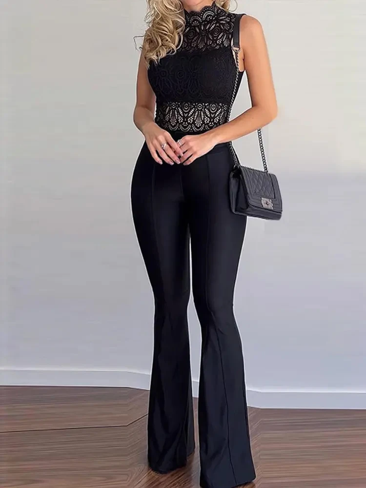

Shein Romwe 2022 Set Of Two Fashion Pieces For Women Sleeveless Lace Top & Bootcut Pants Set With Belt Urban Pants Set Free Ship