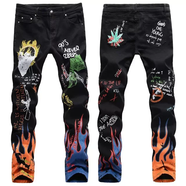 2022New Letters Flame Printed Patterned Jeans Slim Straight Stretch Fashionable Graffiti Punk Rock Streetwear Hip Hop Jeans Pant