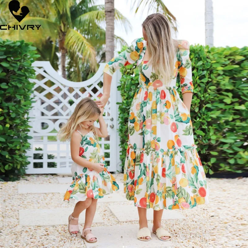 

New 2022 Mother Daughter Summer Dresses Cute Fruit Print Beach Dress Mom Mommy and Me Fashion Dress Family Matching Outfits