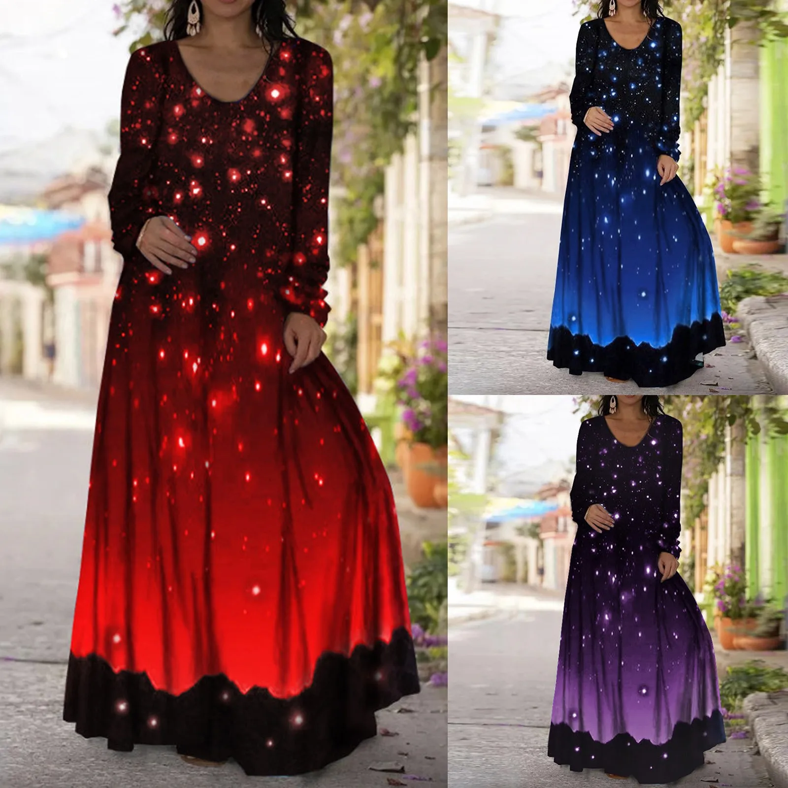 

Women's Printed V-Neck Bohemian Dress Long Sleeve Loose Long Dress Summer Dresses for Women