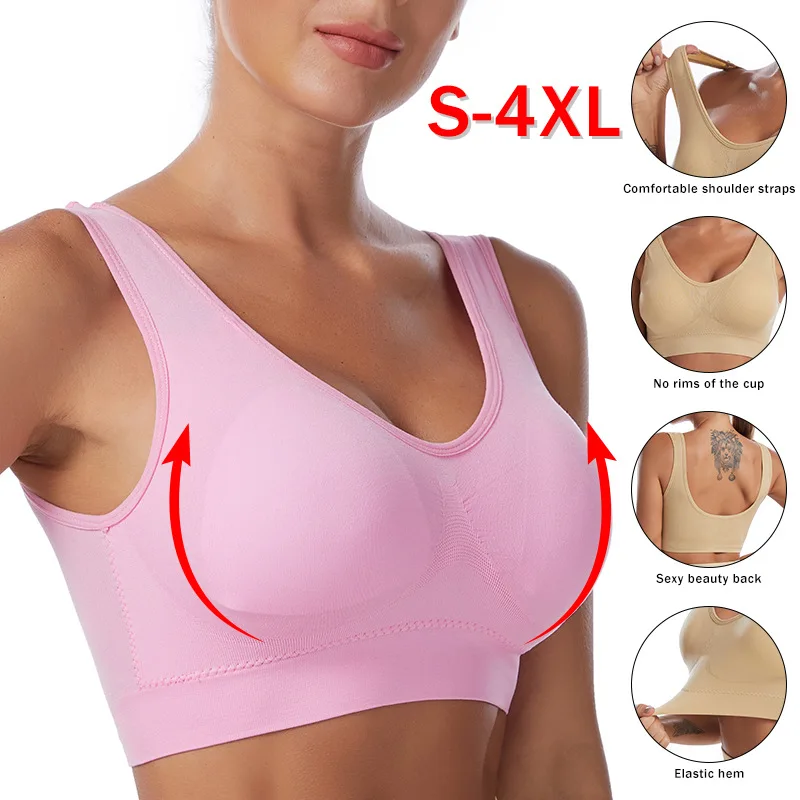 

Sports Bra Women Gathered Tanks Top Large Size with Insert Pads Underwear Wire Free Bralette Female Sexy Active Bra Crop Tops