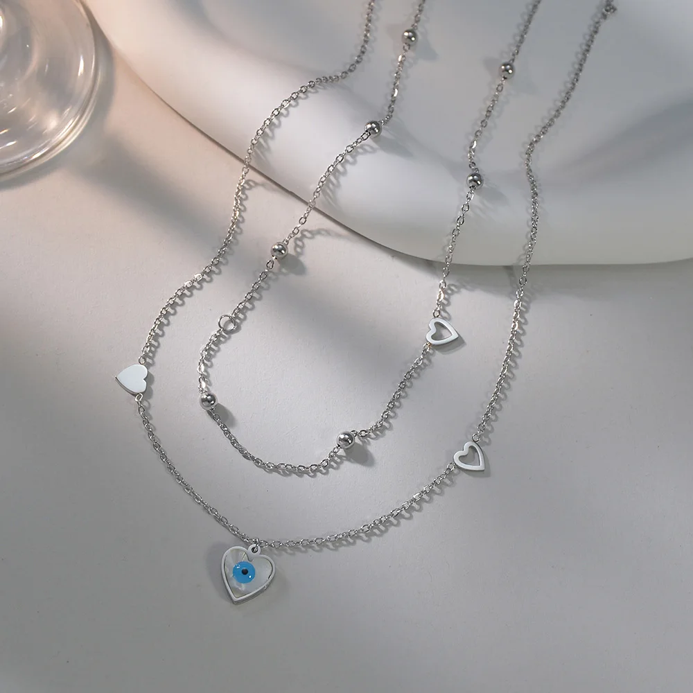 Gold Color Layered Women Necklace Stainless Steel Link Love Heart Pendant Trend Fine Jewelry