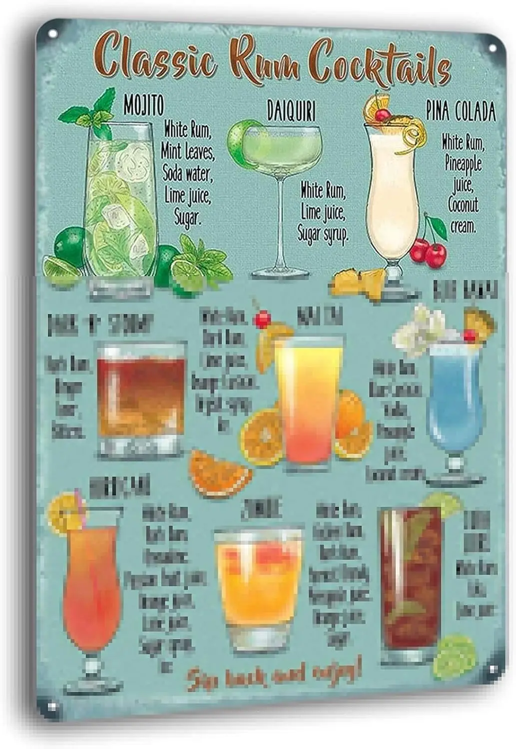 Metl Sgns Rum Cocktl Recpe Vntge Tn Sgn Br Club Mn Cve Wll Декор 8x12 nches