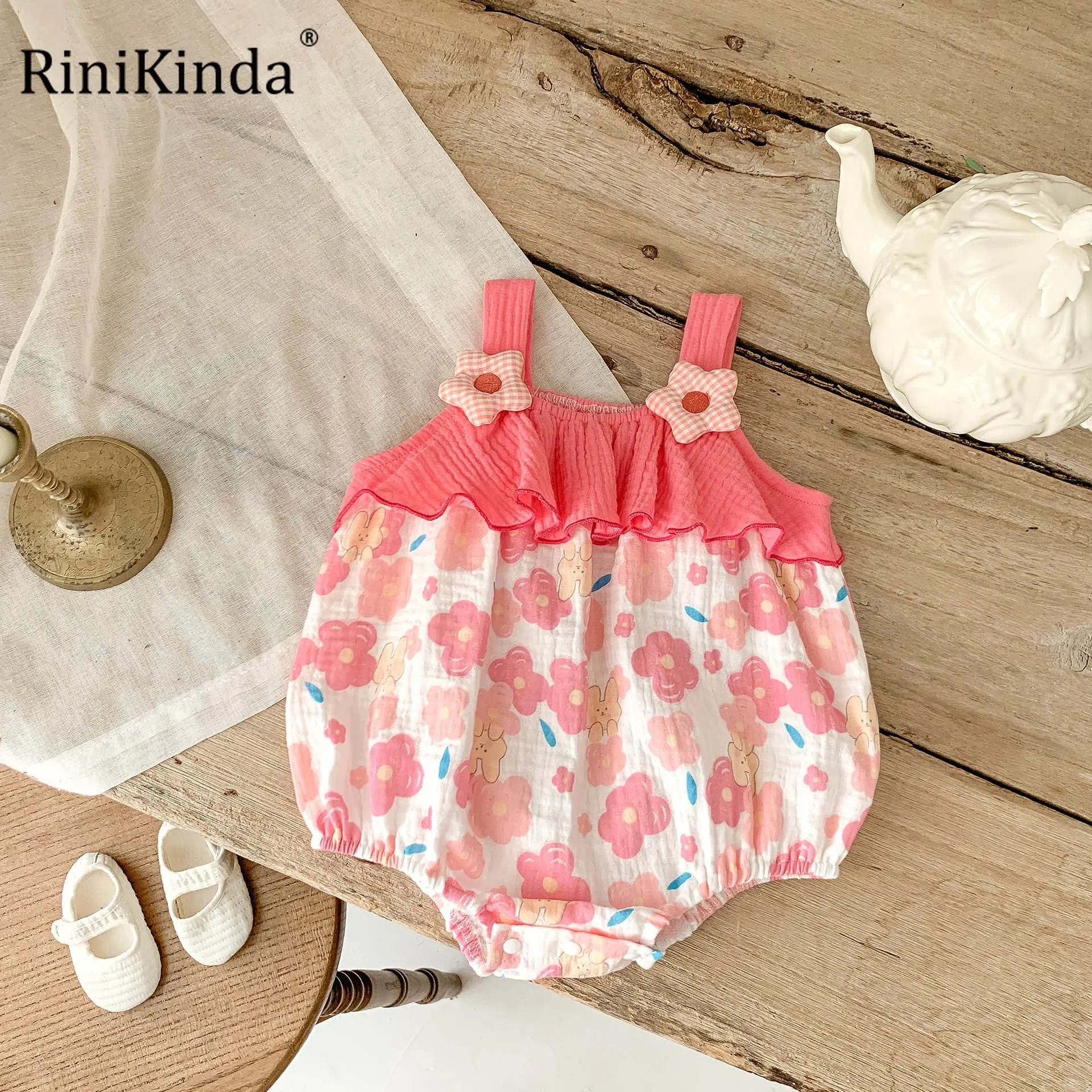 

Комбинезоны для новорожденных девочек весна-лето Цветочный мультяшный комбинезон с оборками Детский комбинезон без рукавов