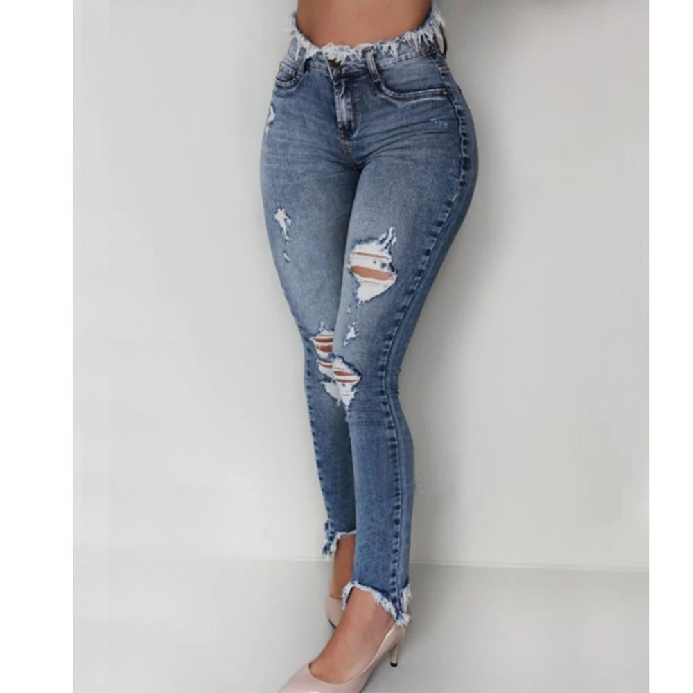 

Sexy Vintage Ripped Hole Pencil Long Pants Solid y2k Jeans Women Spring Summer Casual High Waist Slim Denim Trousers Streetwears
