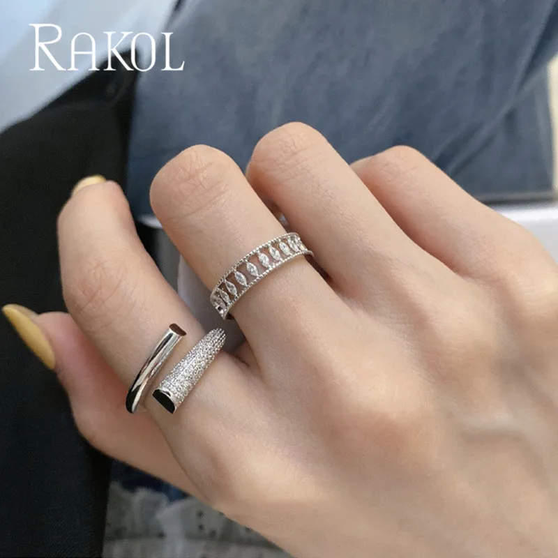 

RAKOL Fashion adjustable opening cubic zirconia geometric white gold women's ring party jewelry 2022 trend RR2261