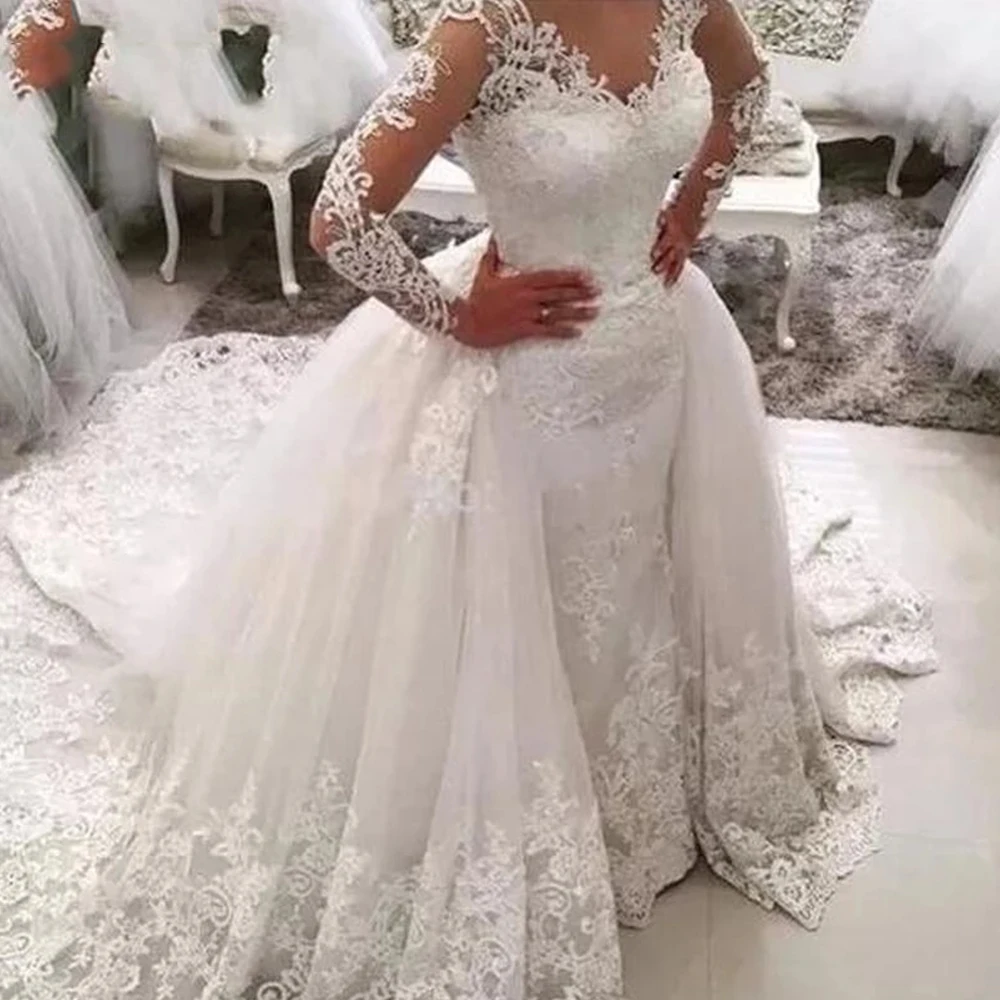 Vestido De Noiva Lace Mermaid Wedding Dress with Detachable Skirt Backless Long Sleeve Bridal Wedding Gowns Sexuality Plus Size