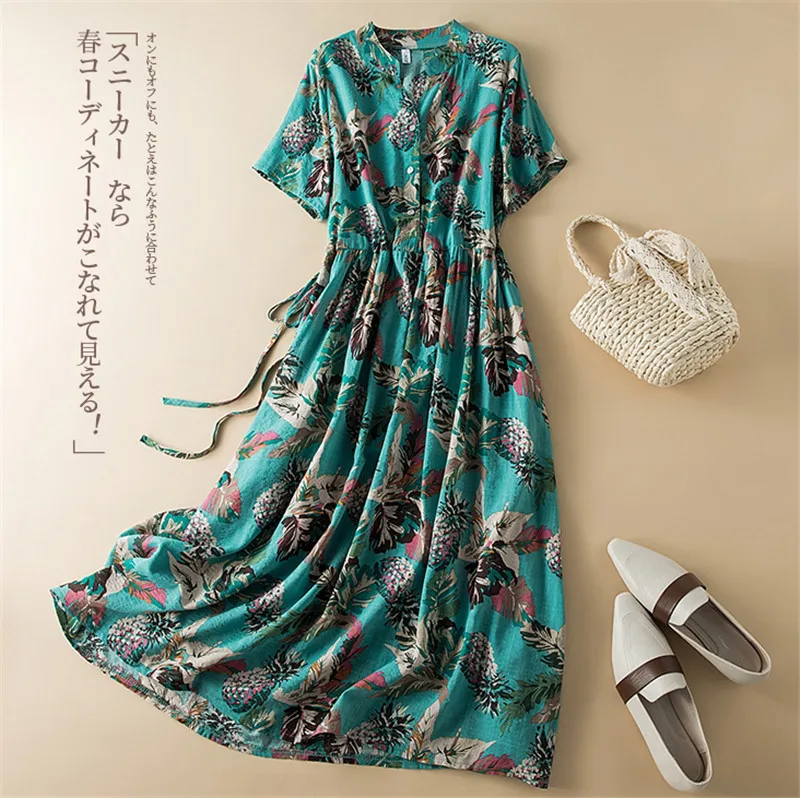 

Limiguyue Summer Floral Print Dress Women Cotton Linen Short Sleeve Drawstring Elastic Waist A-Line Long Dresses Big Swing U270