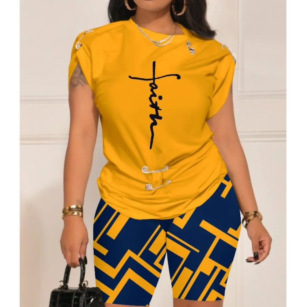 

Summer Fashion Print Two Piece Set Women Casual Round Neck Short Sleeve Tshirt Shorts Two Piece Set Women Outfits