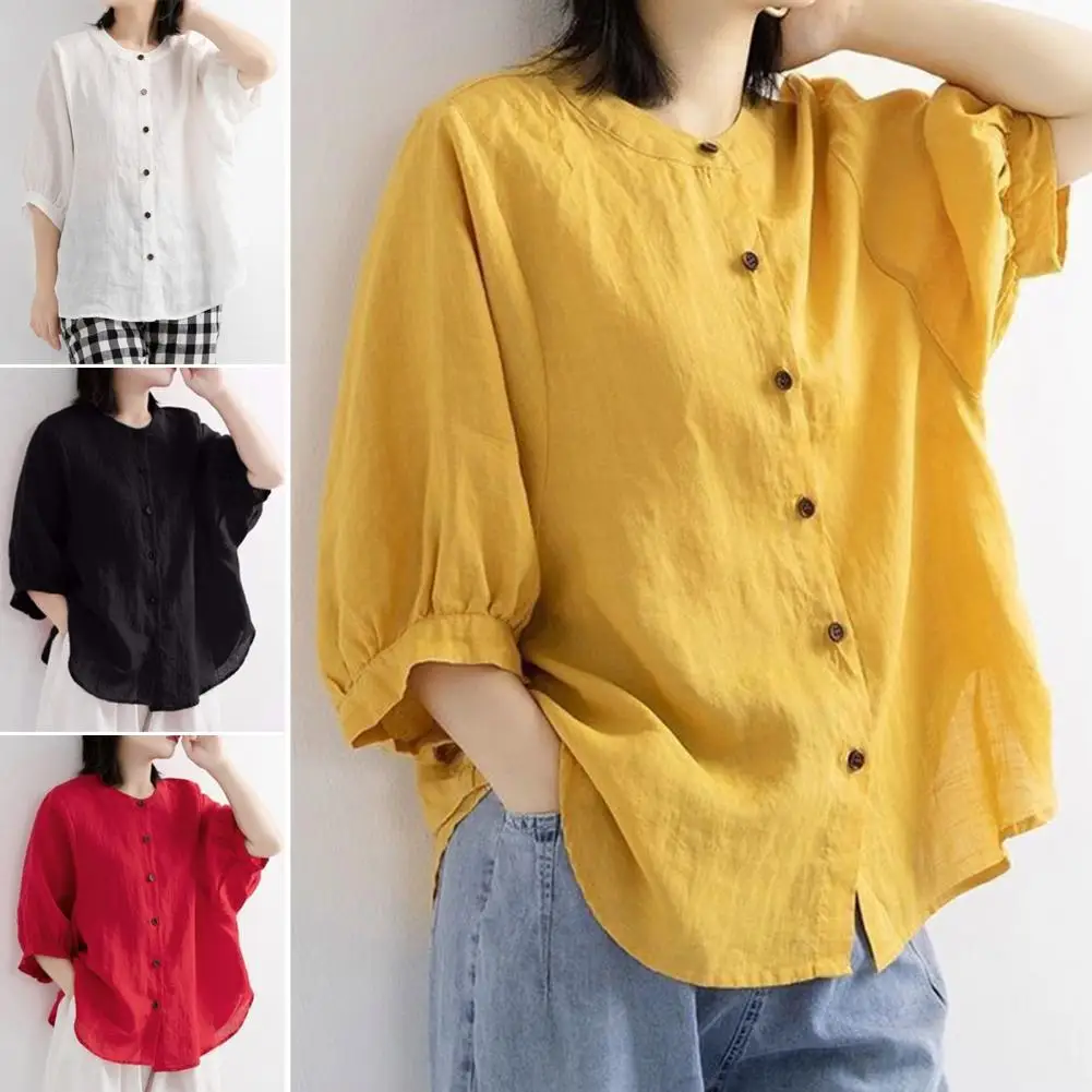 

Puff Sleeve Summer Linen Shirts Women Tunics Ladies Loose Vintage Tops Short Sleeve Female Shirt Blouse Casual 2022