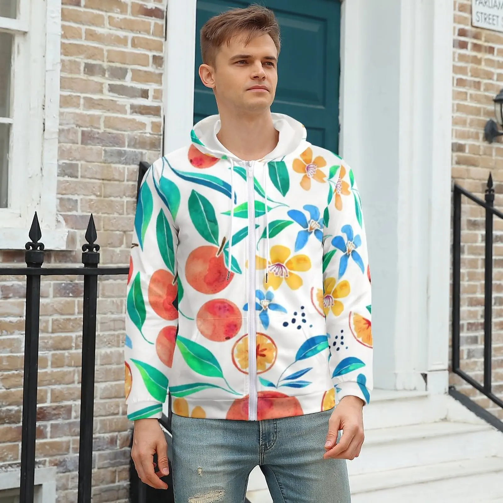 

Watercolor Oranges Hoodie Leaves Flowers Print Winter Hoodies Outdoor For Man Zip Up Hoodie For Man Oversized