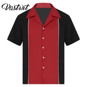 Mens Bowling Shirts Retro Short Sleeve Button Down Casual  50s Tee Color Block Striped Notched Colla in USA (United States)