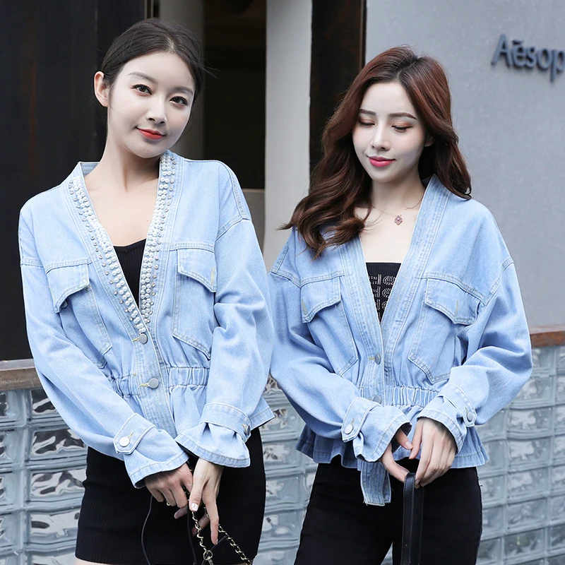 

Women Jacket 2022 Spring Autumn Korean Boyfriend Chic Female All-Match V-Neck Retro Beaded Diamond Design Loose Short Denim Coat