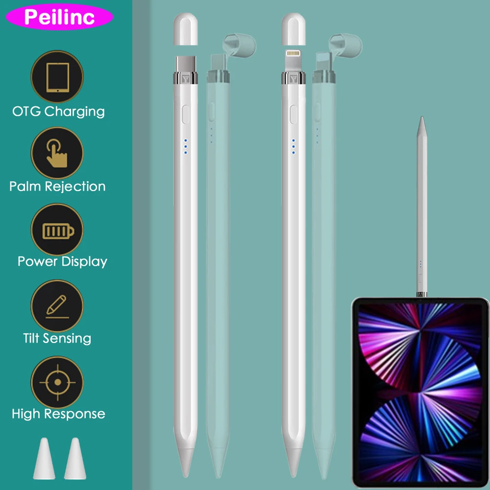 Peilinc OTG Pencil Stylus Pen for iPad Pens for Apple Pencil 2 1 Battery Display Reminder Tilt Palm Rejection 애플펜슬
