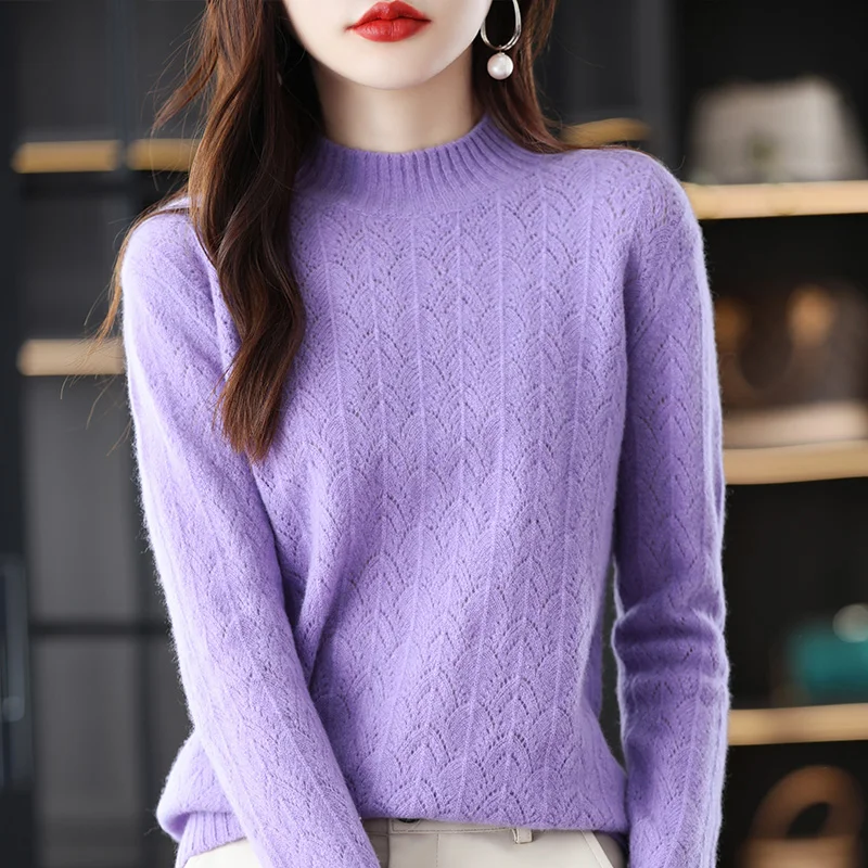 

Autumn And Winter 2022 Women's New 100% Wool Solid Hollow Knitwear Fashion Warm Keeping Commuter Simple Soft Fine Loose Pullover