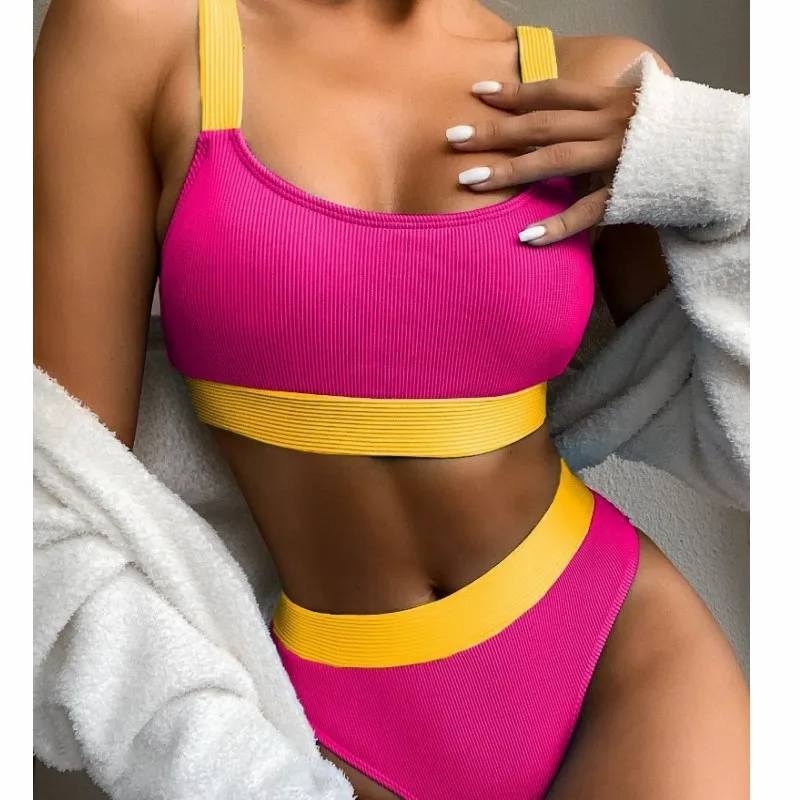 

2023 Block Color Bikini Set High Waist Women Swimnsuit Swimming Push Up Holiday Bathing Suit Pad Bra Beach Women Swimwear Female