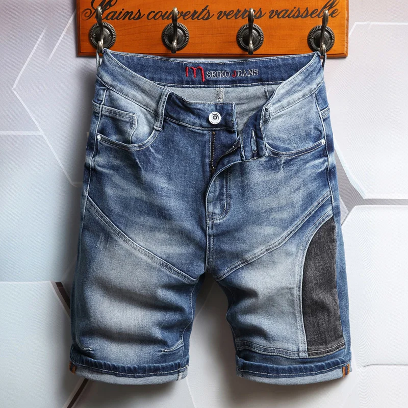 

2022 Summer New Men's Patcwork Denim Sorts i Quality Streetwear Cotton Stretc Reular Sort Jeans Male Brand Clotes