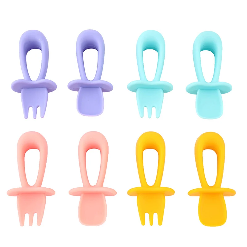 

2Pcs Baby Silicone Spoon Fork Candy Color Safety Baby Learning Spoon Fork Kids Soft Food Feeding Tools