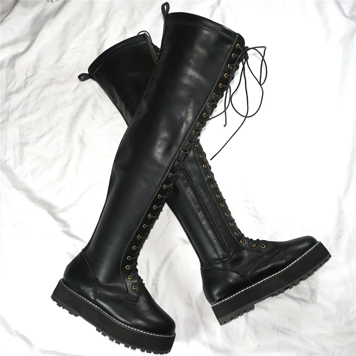 Winter Thigh High Creepers Women Lace Up Med Heel Over The Knee High Snow Boots Female Chunky Platform Pumps Shoes Casual Shoes